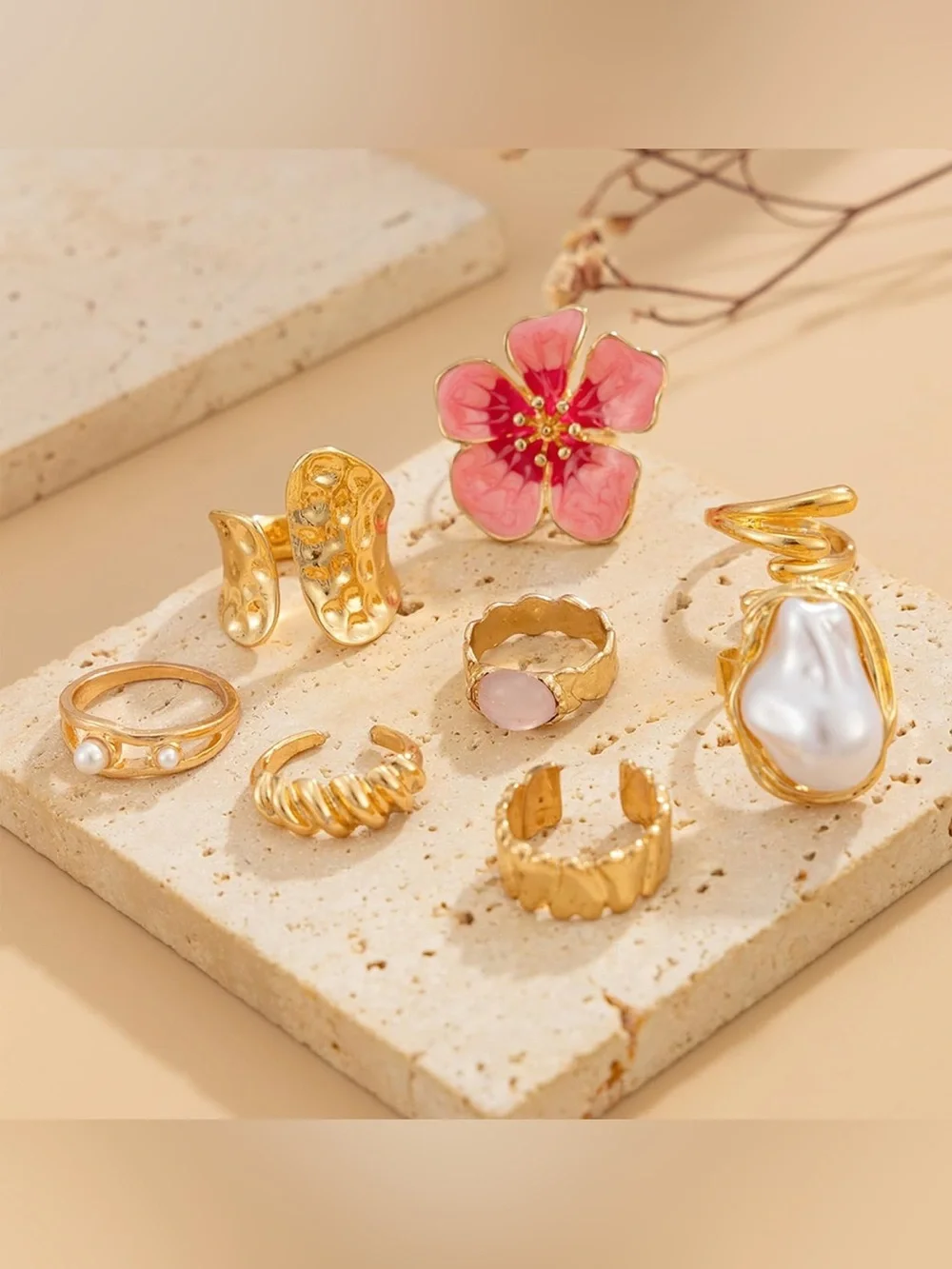 Gold Flower Pink Enamel and Pearl Statement Stackable Ring Set